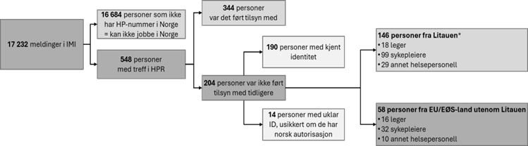 Flytskjema over 17 232 IMI-meldinger, med videre fordeling på HPR-treff, tidligere tilsyn og opprinnelsesland.