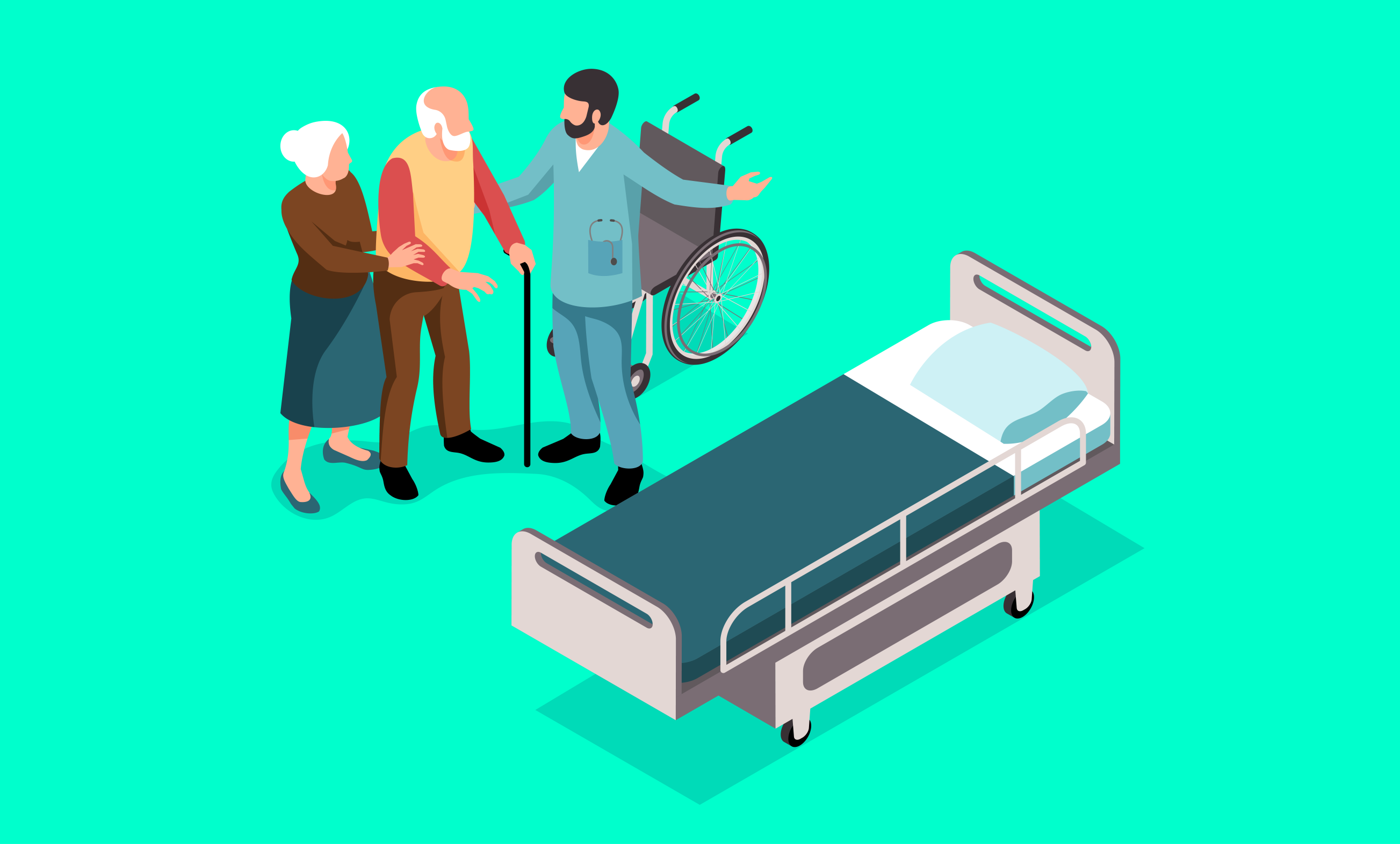 Illustrasjon Helsepersonell hjelper en gammel mann med stokk og hans ektefelle. Helsepersonellet peker peker på en sengepost. Det står en rullestol ved siden.