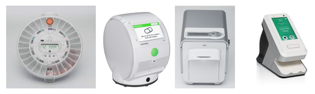 Figur 2:  Illustrasjonsfoto: Eksempler på medisindispensere, fra venstre, Pilly (som fungerer mer som en tradisjonell dosett), samt medisindispenserne E300, Medido og Karie, som benytter multidosepakninger. Bildene er hentet fra produsentenes nettsider.