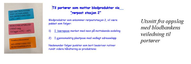 Utsnitt fra oppslag med blodbankens veiledning til portører