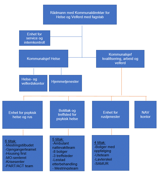 Organisasjonskart inntatt nedenfor viser den administrative organiseringen av Helse og velferd, og de enhetene med avdelinger/tiltak som er involvert i tjenesteytelsen til brukergruppen, unntatt legetjenesten.