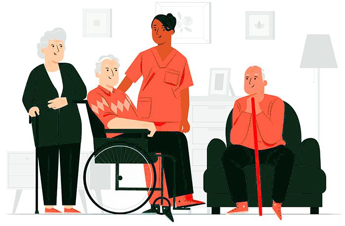 Eldre mennesker og helsepersonell sitter og står i en stue - illustrasjon av hjemmetjenester. Foto.