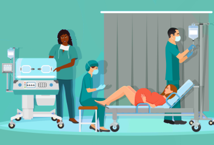 Illustrasjonsbilde. Sykehus. En kvinne som føder. Tre helsepersonell som hjelper.
