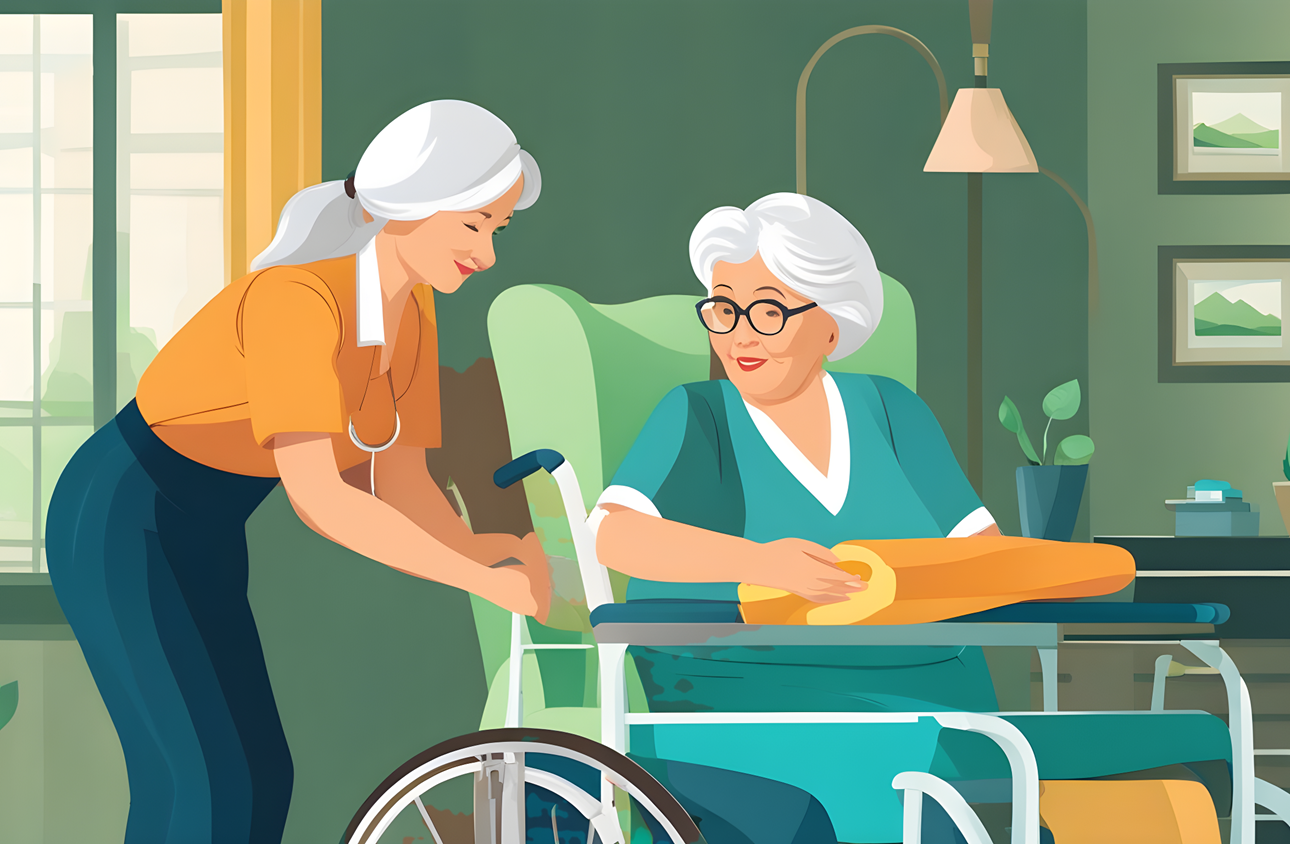 Hjelpleier hjelper en gammel dame som sitter i rullestol