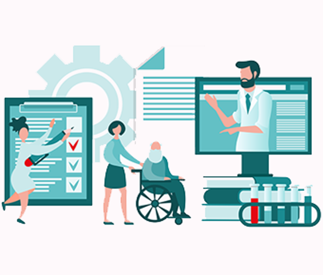 Helsepersonell og en pasient i rullestolen.