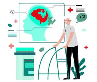 Eldre mann med rullator foran illustrasjon av hode med markert hjerne og helsesymboler – tema demens og velferdsteknologi.