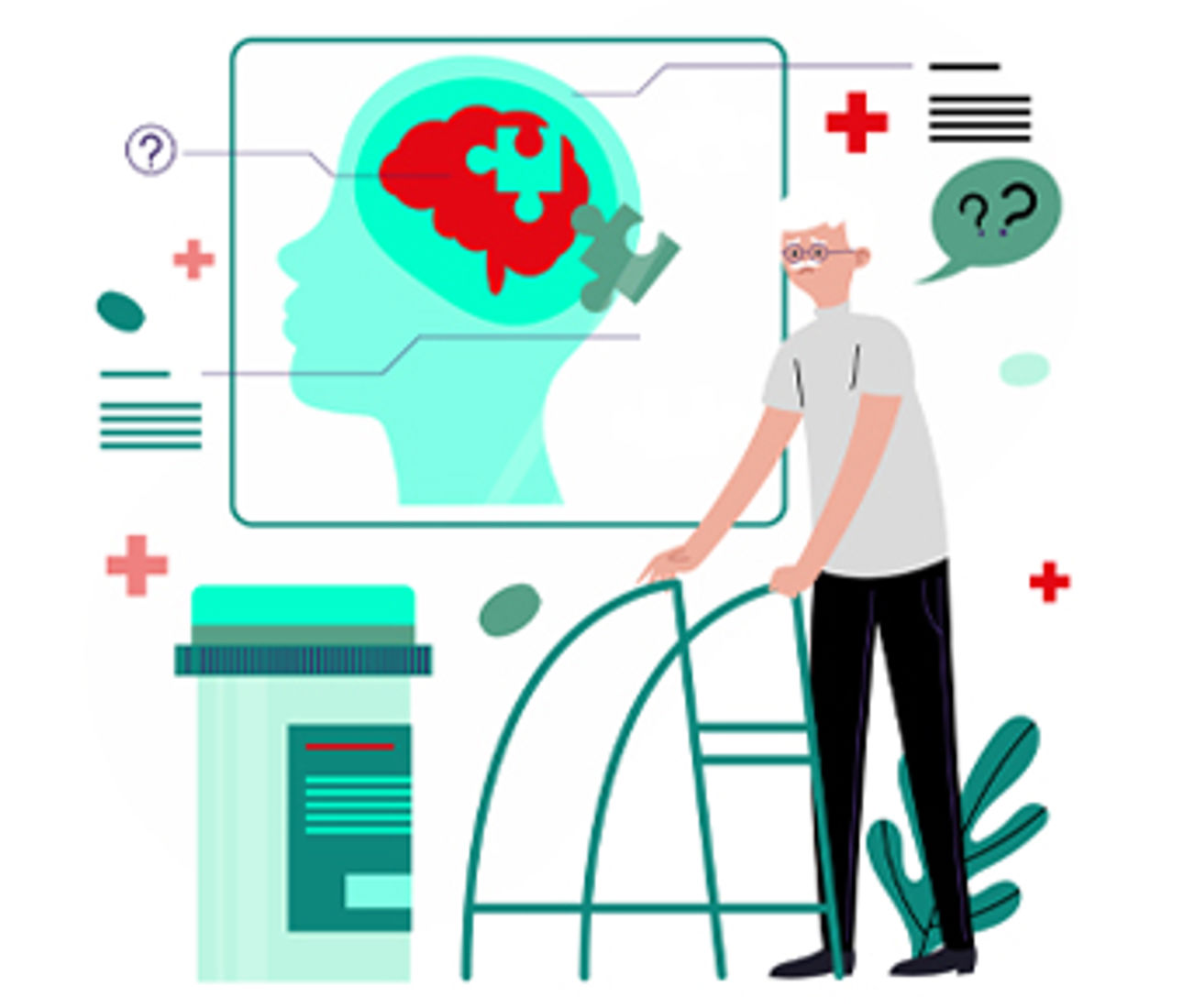 Eldre mann med rullator foran illustrasjon av hode med markert hjerne og helsesymboler – tema demens og velferdsteknologi.