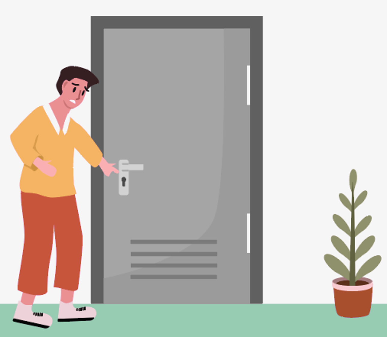 Et menneske står foran døren som er lukket.